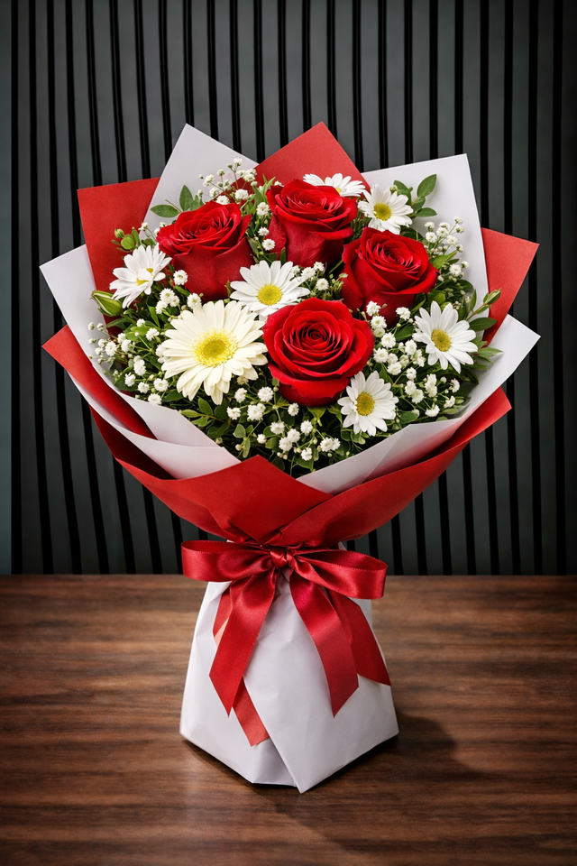 4 Adet Kırmızı Gül Ve Ithal Papatyalar