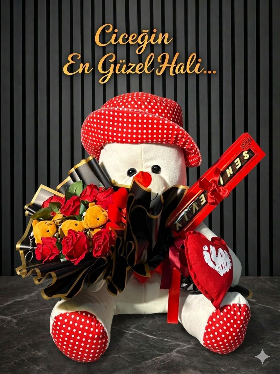 Büyük Boy Peluş Ayıcık Şapkalı Seni Seviyorum Bolçi Çikolata Gül Ve Ayıcık Buketi (Yapay Gül)