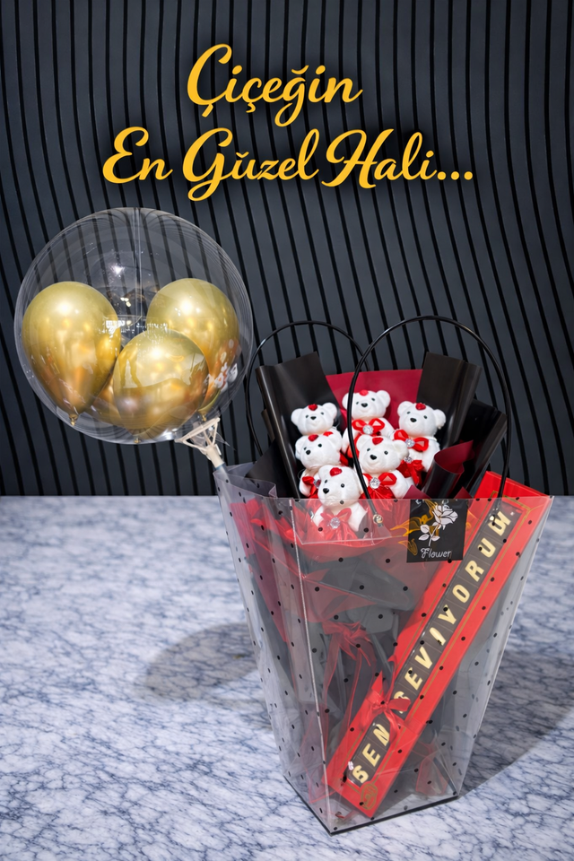 Çantalı Özel Ürün Ayıcık Buketi Seni Seviyorum Çikolata Bobo Balon