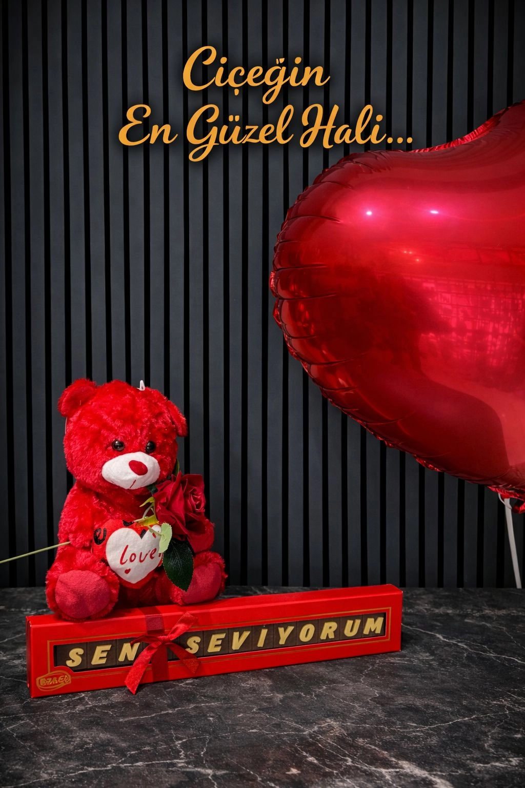 Ithal Peluş Kırmızı Ayı Seni Seviyorum Bolçi Çikolata Kırmızı Gül