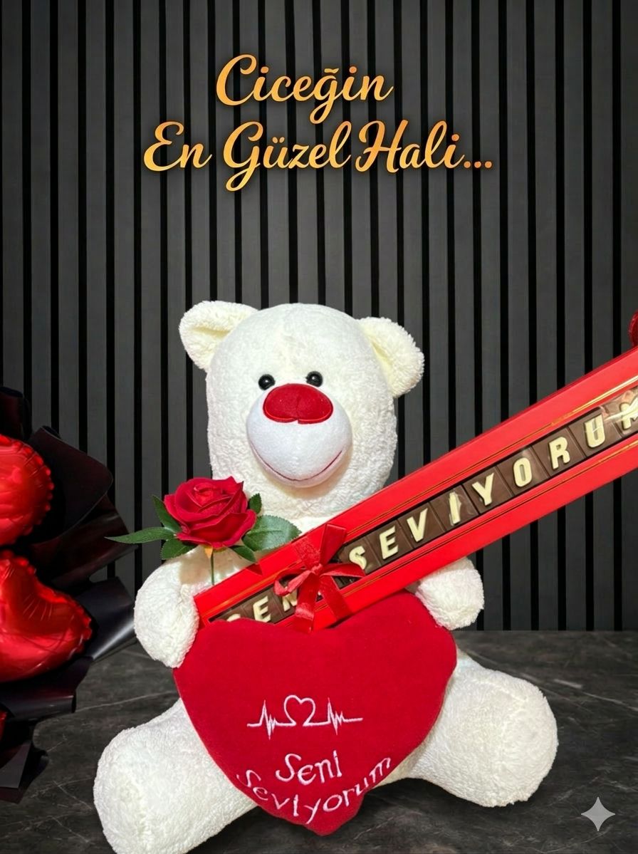 Kalpli Yastıklı Kalp Çizgili Peluş Ayıcık Bolçi Seni Seviyorum Çikolatası Kırmızı Gül 