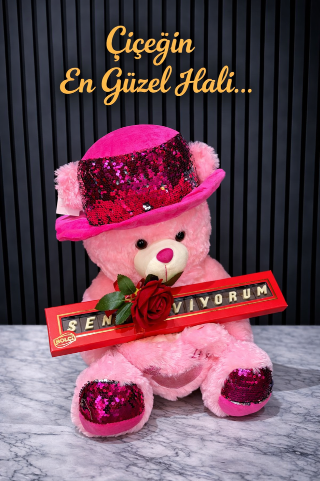 Lüx Büyük Peluş Ayıcık Ve Seni Seviyorum Bolçi Çikolata Tek Gül
