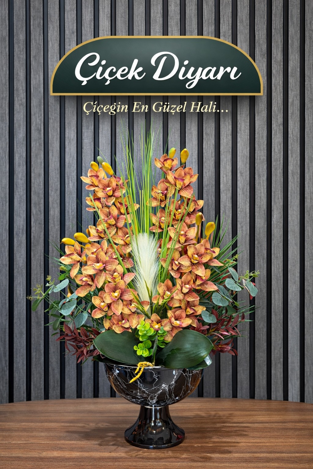 Lüx Premium Siyah Seramik Saksıda Jumbo Boy Salon Yapay Çiçekler