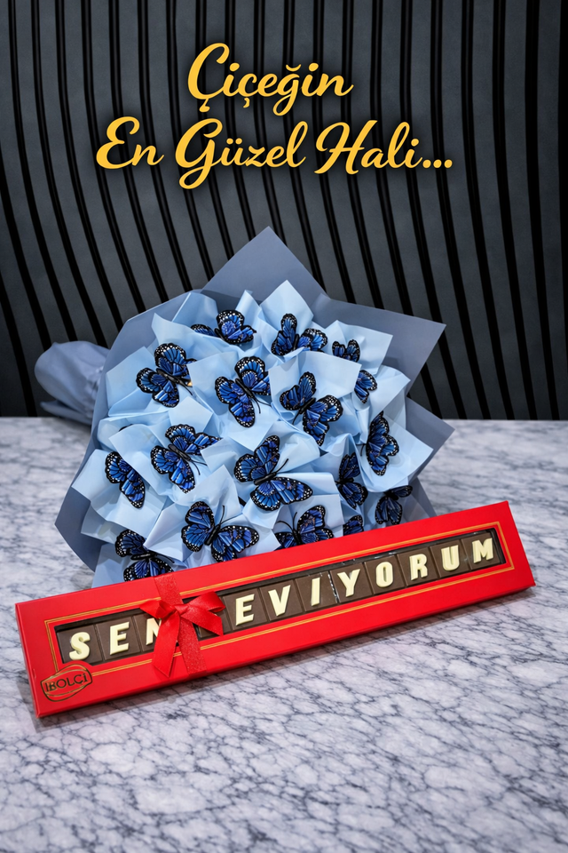 Mavi Kelebek Buketi 3D Boyutlu Seni Seviyorum Çikolata