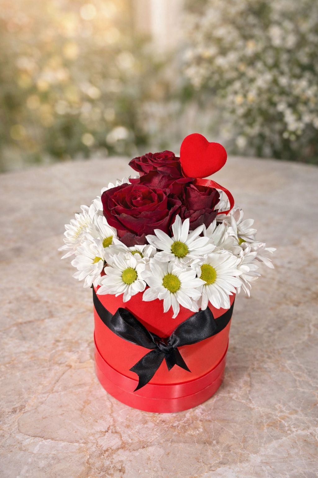 Orta Boy Premium Kutu Papatya Ve Gül Kalp Hediyeli