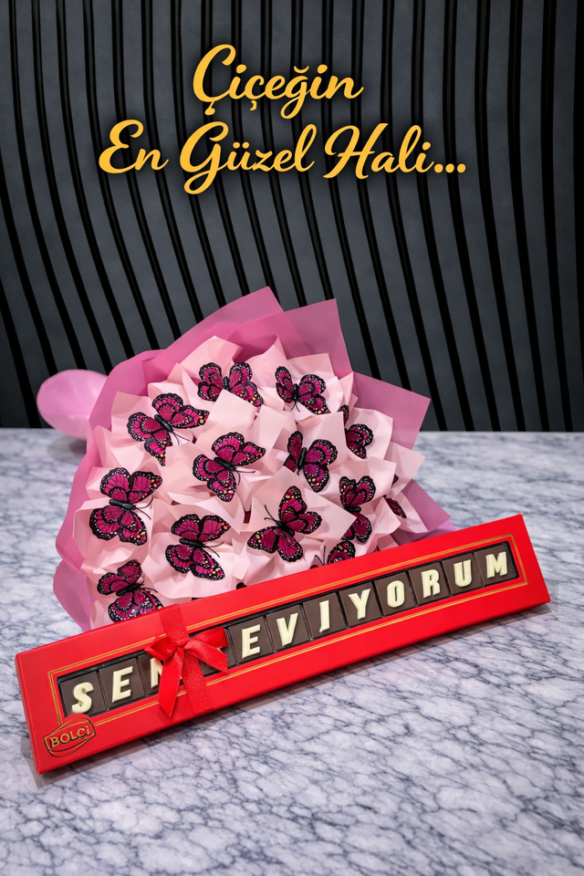 Pembe Kelebek Buketi 3D Boyutlu Seni Seviyorum Çikolata