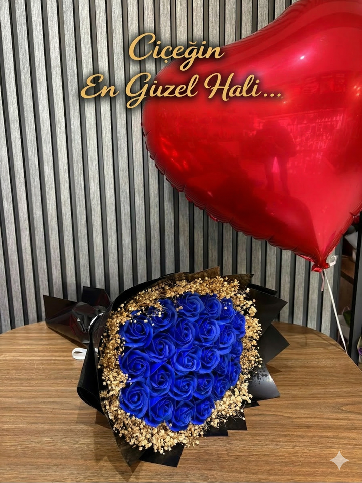 Premium Kokulu Mavi Gül Buketi 21 Li (Yapay)