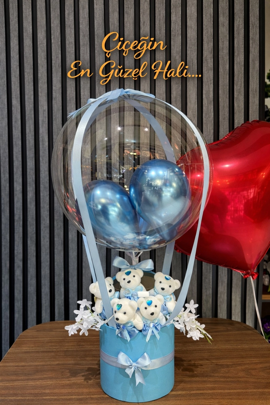 Premium Mavi Ledli Ayıcık Balon Kutu 