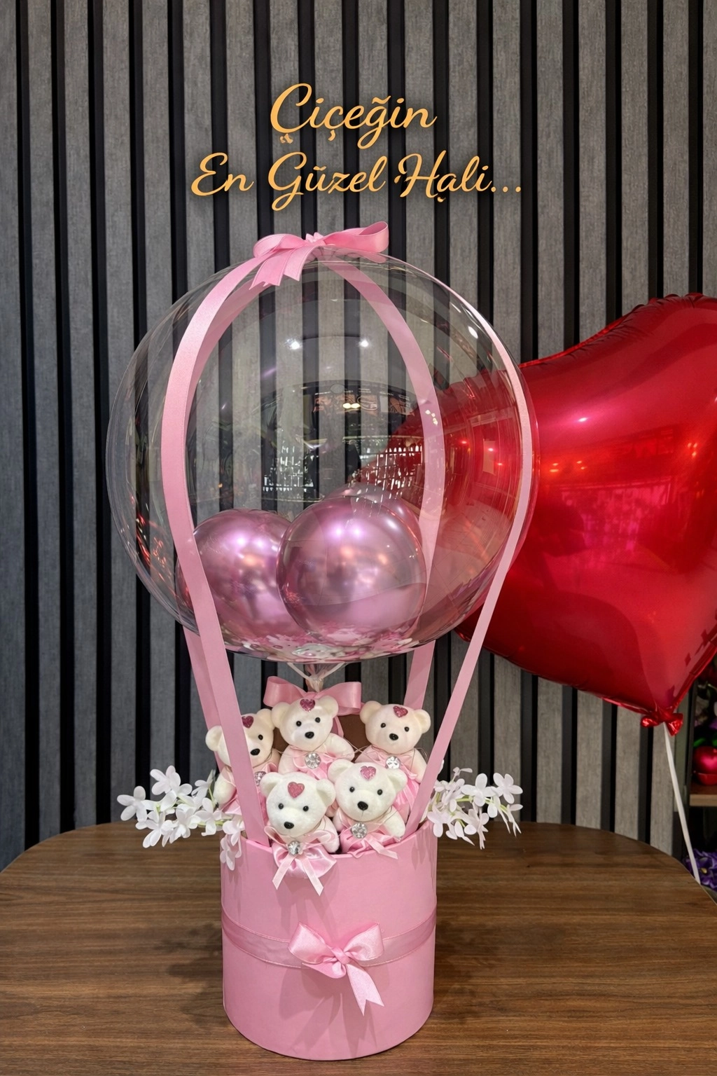 Premium Pembe Ayıcık Ledli Kutu Balon