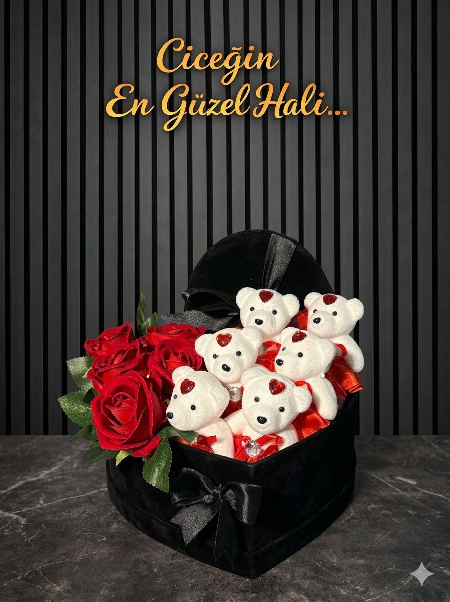 Siyah Kalpli Premium Kutu Güller Ve Ayıcıklar