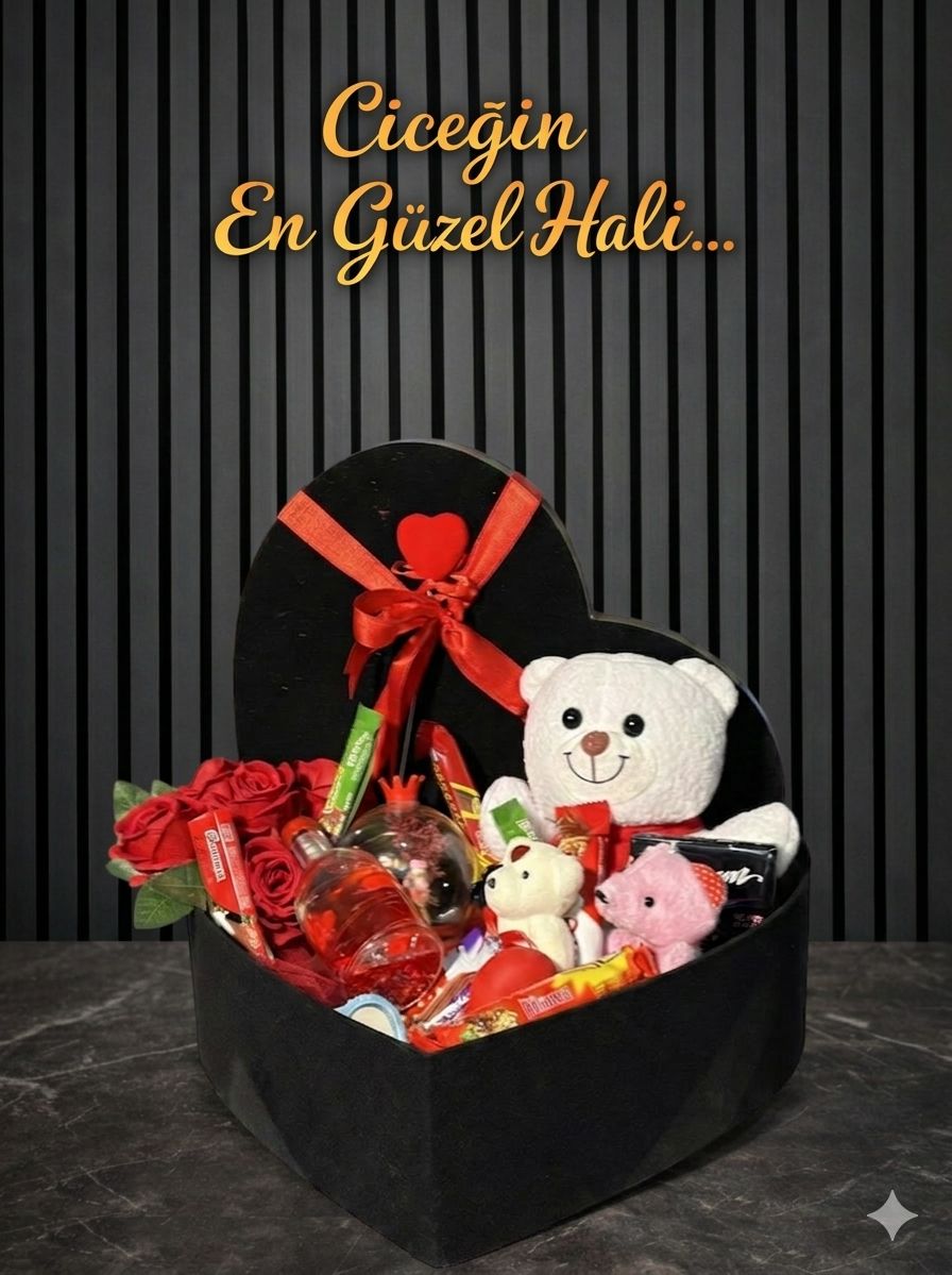Siyah Premium Kutu Paketi ( Güller Peluş Ayıcıklar Orta Boy Küçük Boy Çikolatalar Hediyelikler Kalpler)