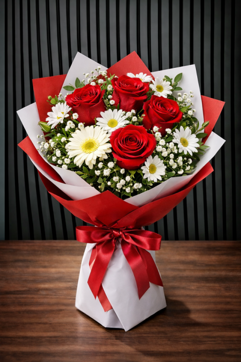 4 Adet Kırmızı Gül Ve Ithal Papatyalar