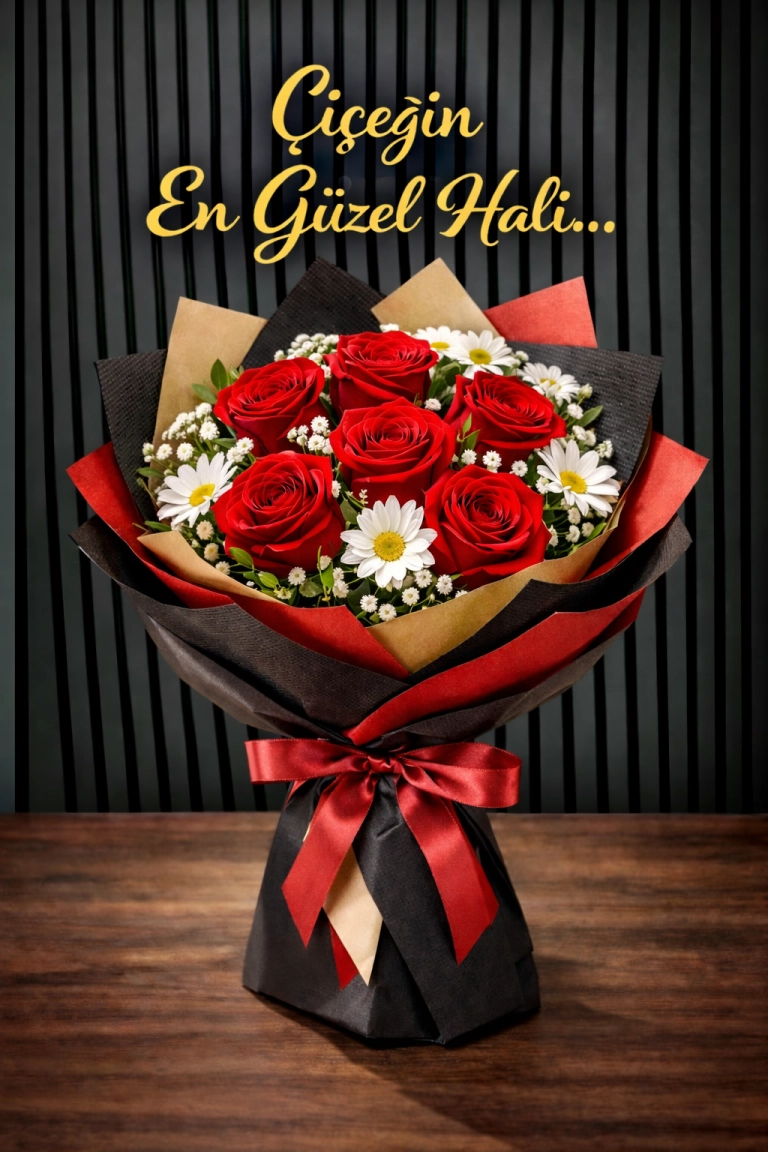5 Adet Kırmızı Gül Ve Ithal Papatya 