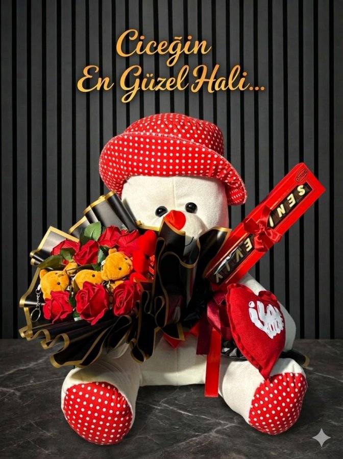 Büyük Boy Peluş Ayıcık Şapkalı Seni Seviyorum Bolçi Çikolata Gül Ve Ayıcık Buketi (Yapay Gül)
