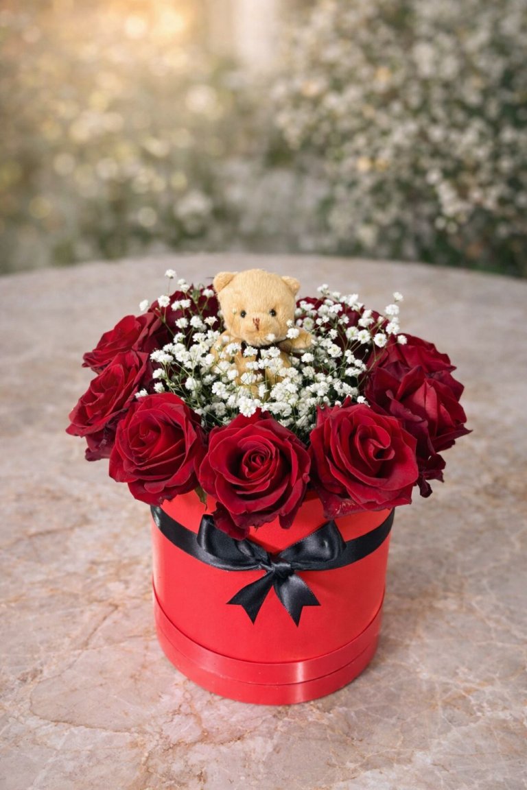  Büyük Boy Premium Kutuda Kırmızı Güller Cipso Ve Ayıcık