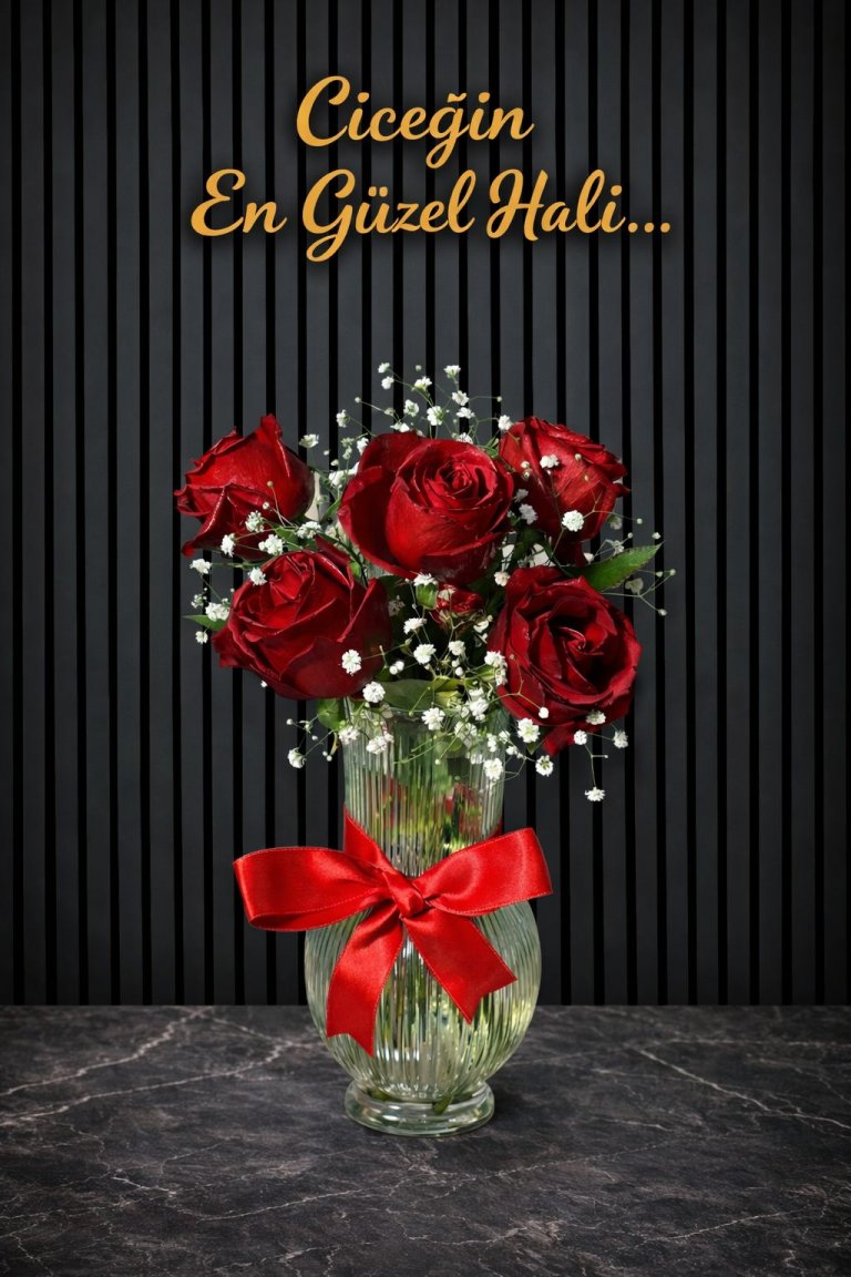 Büyük Boy Vazo 5 Adet Kırmızı Canlı Gül Ve Cipsolar