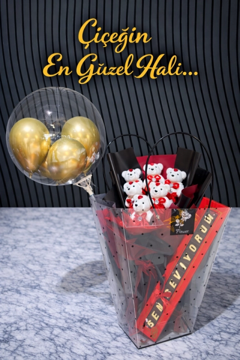Çantalı Özel Ürün Ayıcık Buketi Seni Seviyorum Çikolata Bobo Balon