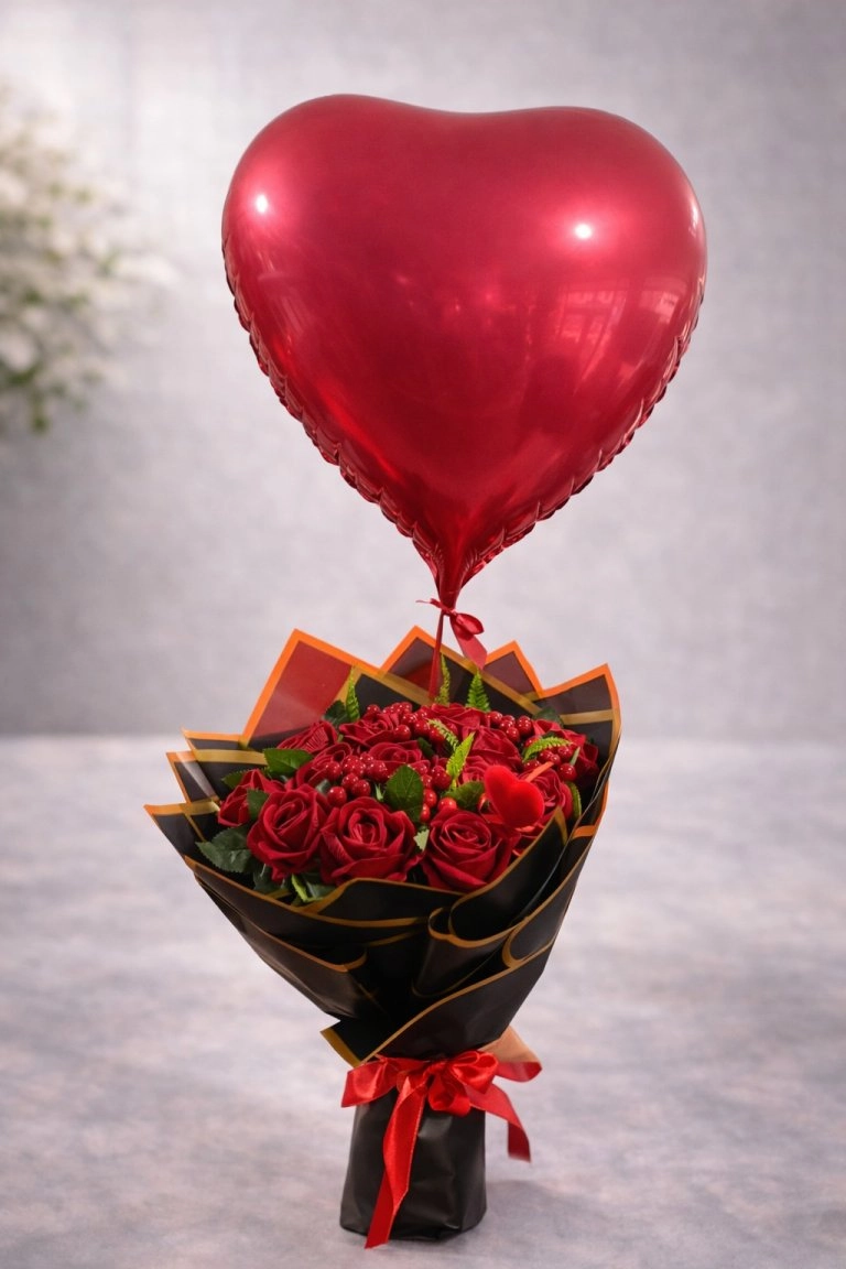 Gül Ve Kokina Buketi Yapay Balon Hediyeli
