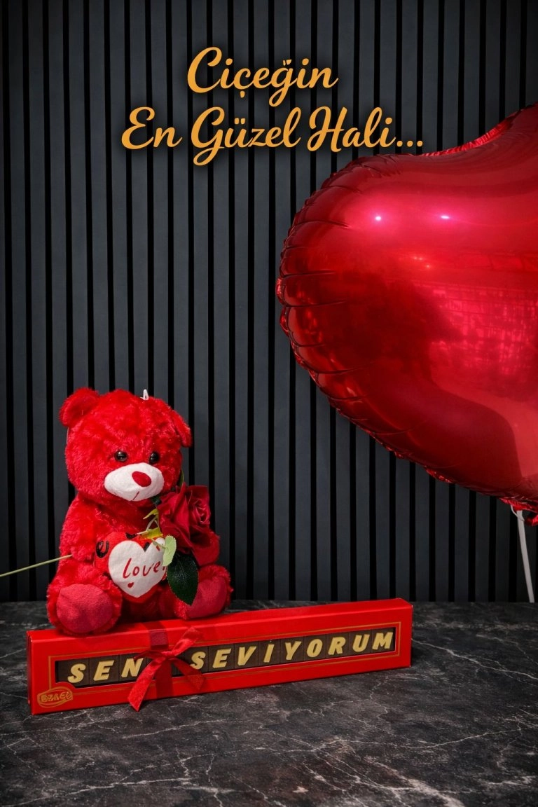 Ithal Peluş Kırmızı Ayı Seni Seviyorum Bolçi Çikolata Kırmızı Gül