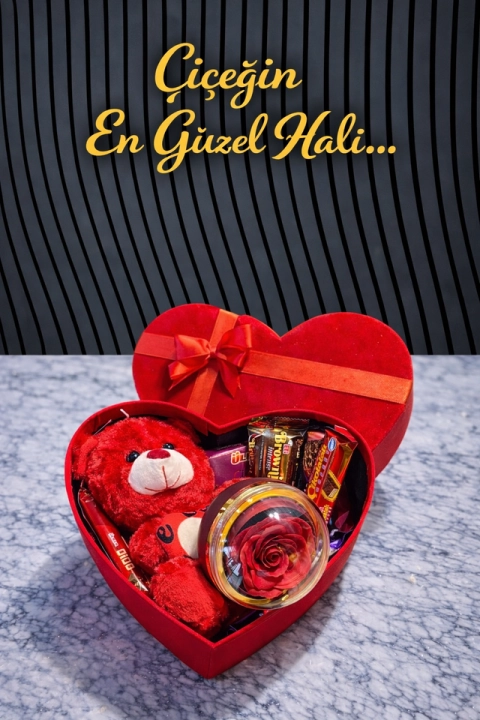 Kırmızı Kalp Kutu Peluş Lüx Ayıcık Solmayan Canlı Gül Çikolatalar Paket