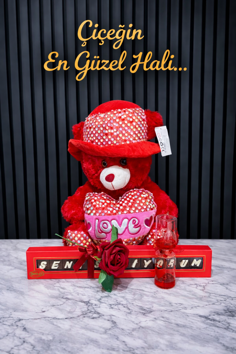 Lüx  Peluş Ayıcık Ve Seni Seviyorum Bolçi Çikolata Aşk Ölçer Hediyelik  Tek Gül