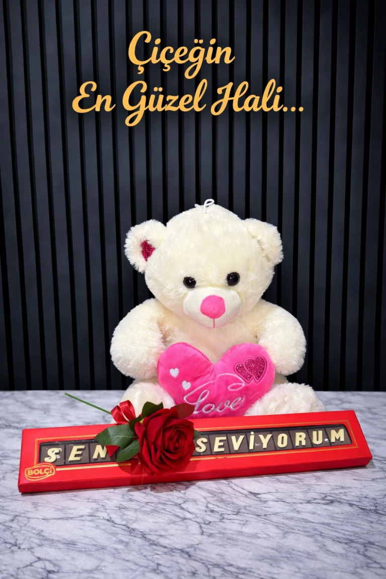 Lüx Peluş Ayıcık Ve Seni Seviyorum Bolçi Çikolata Tek Gül