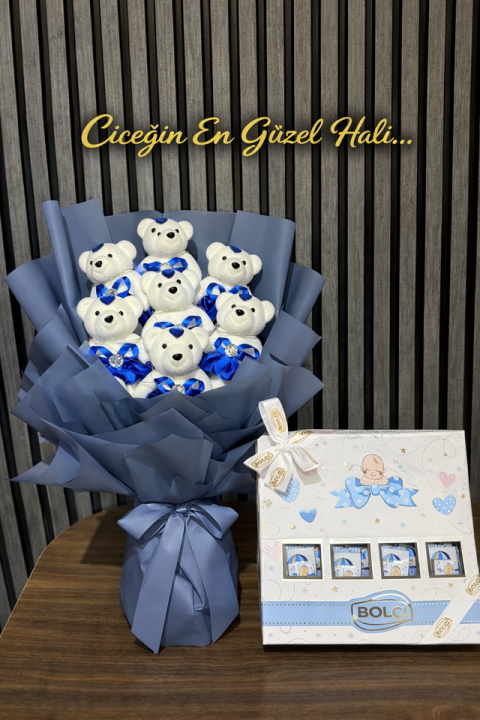 Mavi Ayıcık Buketi Ve Bolçi Çikolata Yeni Doğan Erkek Paketi 