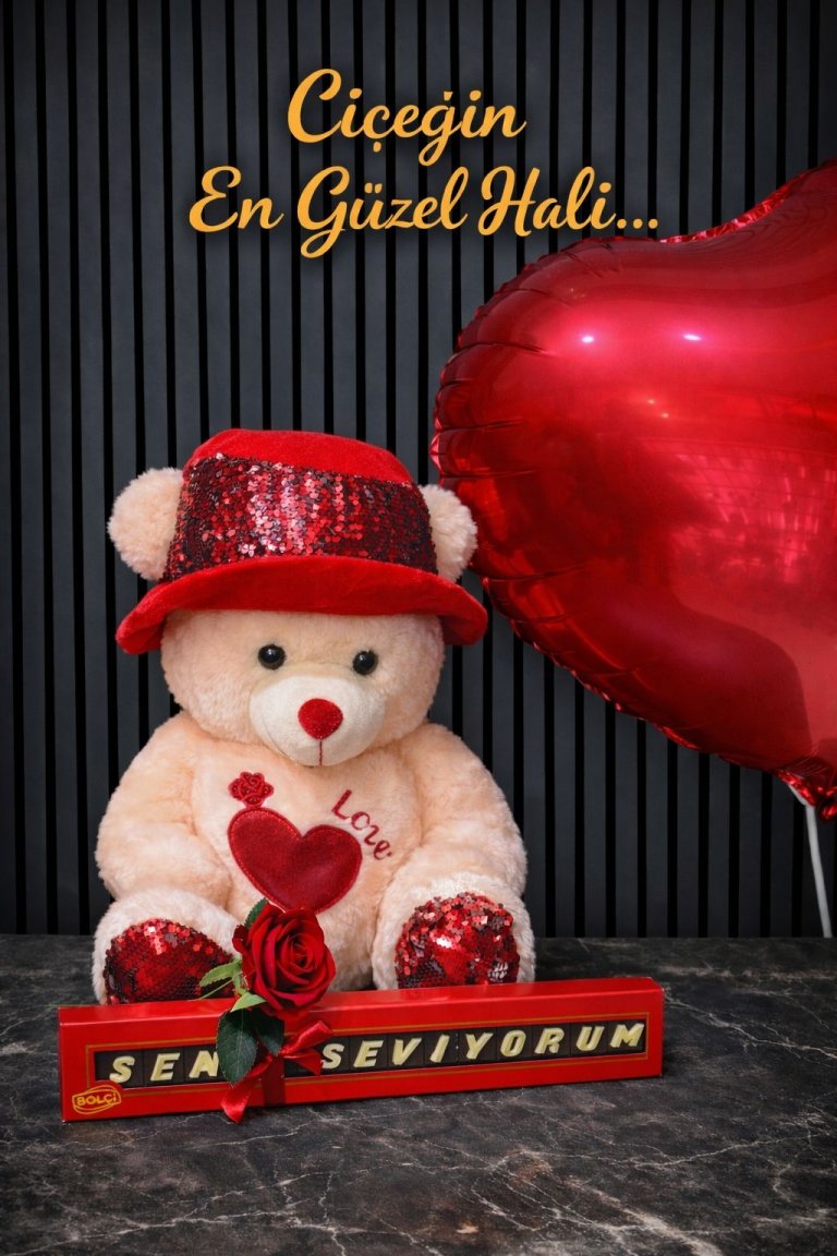 Orta Boy Lüx Peluş Ayı Şapkalı Pullu Peluş 80-90 Cm Seni Seviyorum Bolçi Çikolata Ve Yastık Tek Kırmızı Gül 