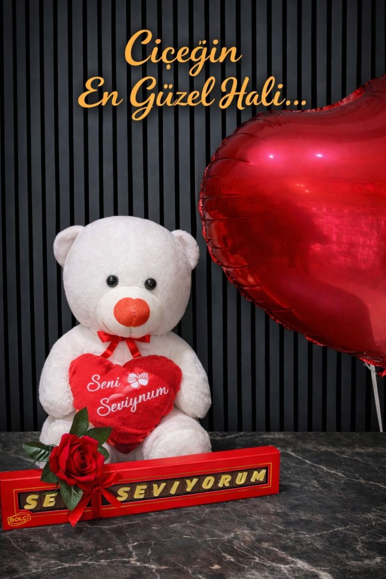 Orta Boy Peluş Ayı 60-90 Cm Seni Seviyorum Bolçi Çikolata Ve Yastık Tek Kırmızı Gül 