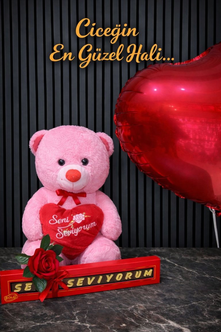 Orta Boy Peluş Ayı 60-90 Cm Seni Seviyorum Bolçi Çikolata Ve Yastık Tek Kırmızı Gül 