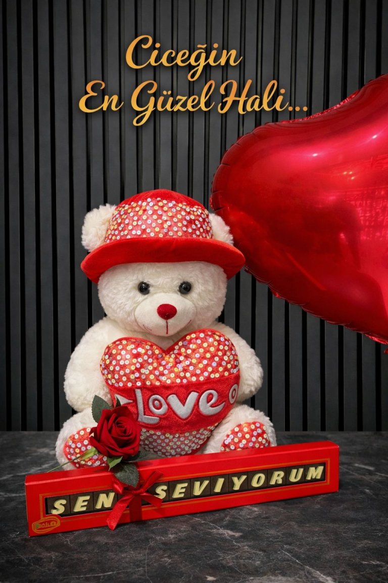 Orta Boy Peluş Ayı Şapkalı Pullu Peluş 60-90 Cm Seni Seviyorum Bolçi Çikolata Ve Yastık Tek Kırmızı Gül 