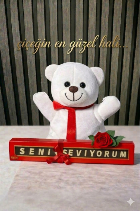 Peluş Ayıcık Bolçi Seni Seviyorum Çikolata Ve Tek Gül