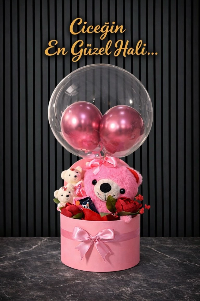 Pembe Lüx Kutu Pembe Peluş Ayıcık Küçük Ayıcıklar Çikolata Gül Ve Bobo Balon