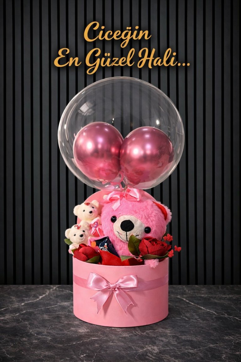 Pembe Lüx Kutu Pembe Peluş Ayıcık Küçük Ayıcıklar Çikolata Gül Ve Bobo Balon