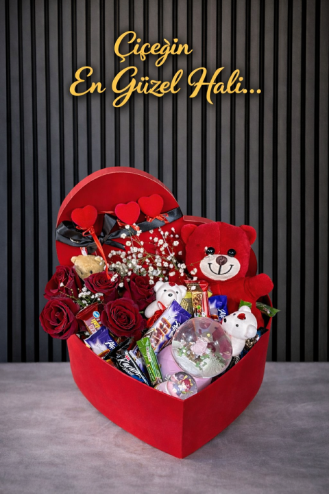 Premium Lüx Karışık Kutu Güller Kar Küresi Peluş Ayıcık Çikolatalar