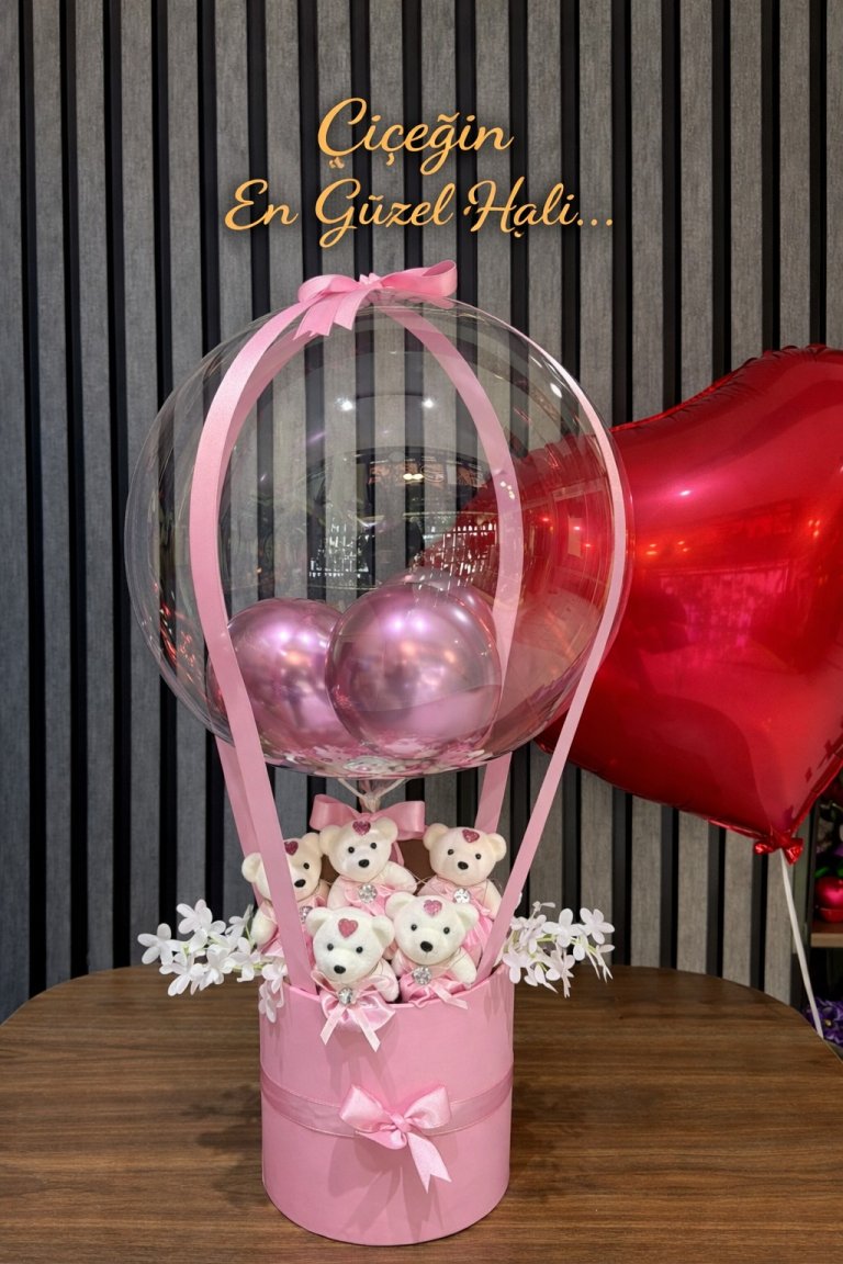 Premium Pembe Ayıcık Ledli Kutu Balon