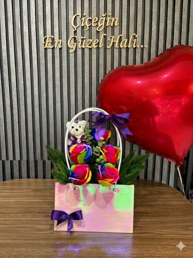 Şık Çantada Rengarenk Kokulu Mum Gülleri Ayıcık