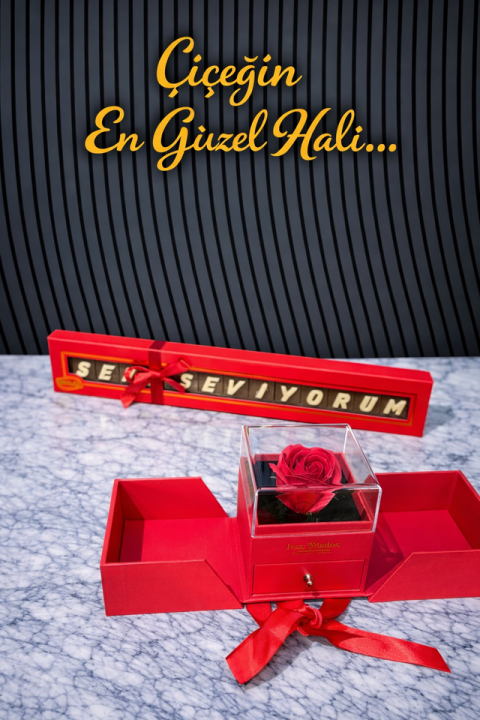 Solmayan Kırmızı Gül Yüzük Kutulu Bolçi Çikolata Seni Seviyorum 