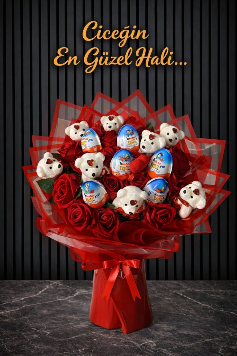 Yapay Kırmızı 21 Gül Ayıcıklı Ve Kinder Sürpriz Yumurtalı Buket