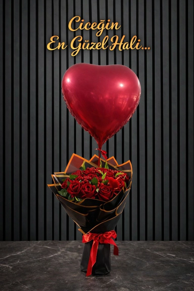 Yapay Kırmızı  21 Gül Buketi Balon Hediyeli