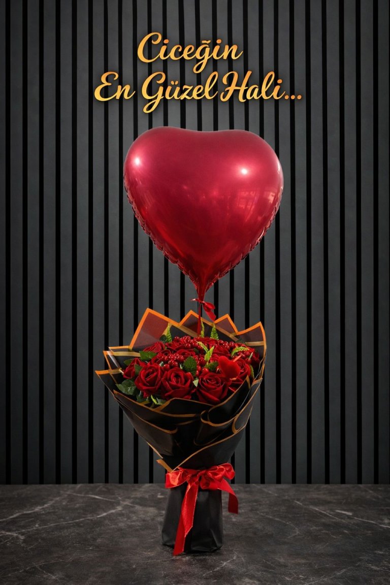 Yapay Kırmızı  21 Gül Buketi Balon Hediyeli