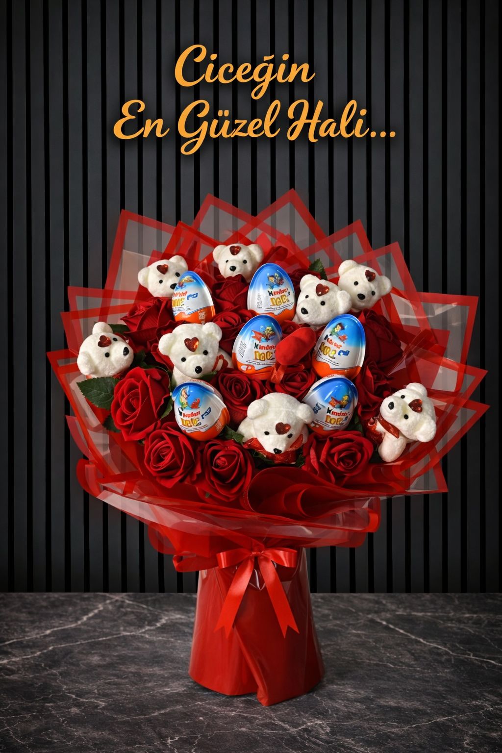 Yapay Kırmızı 21 Gül Ayıcıklı Ve Kinder Sürpriz Yumurtalı Buket